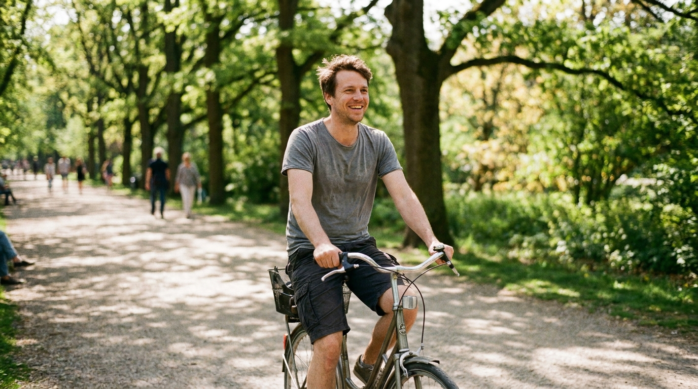 Fahrradfahrt durch einen Park im Fruehling - zurueck zur Bewegung ohne Schmerz