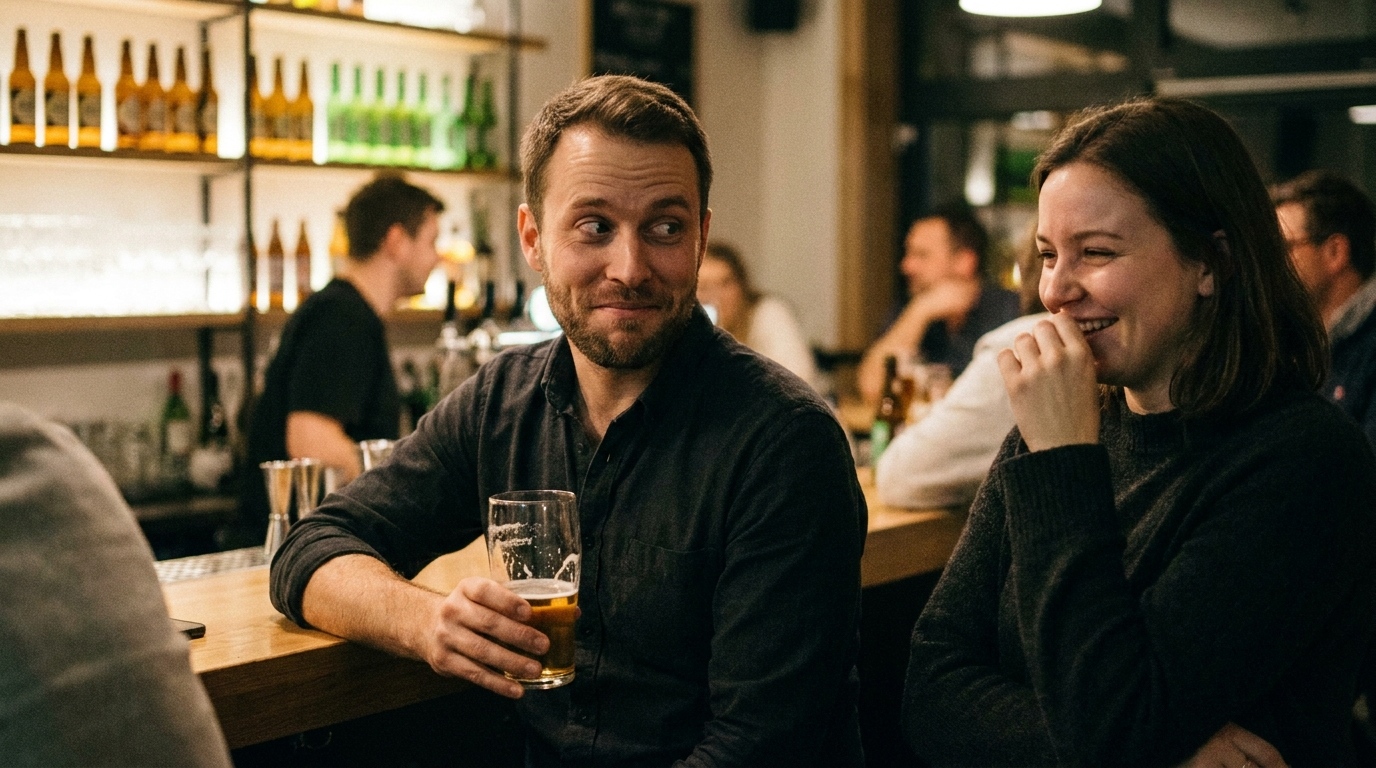 Abends an einer Bar - kurzes Zurueckweichen aus Sorge um Naehe