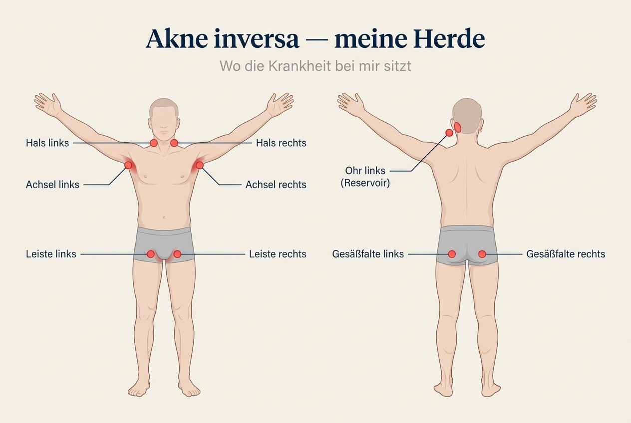 Anatomische Bodymap: neun Herde der Akne inversa an meinem Koerper — Hals links und rechts, Achseln, Leiste, Ohr-Reservoir, Gesaessfalten links und rechts