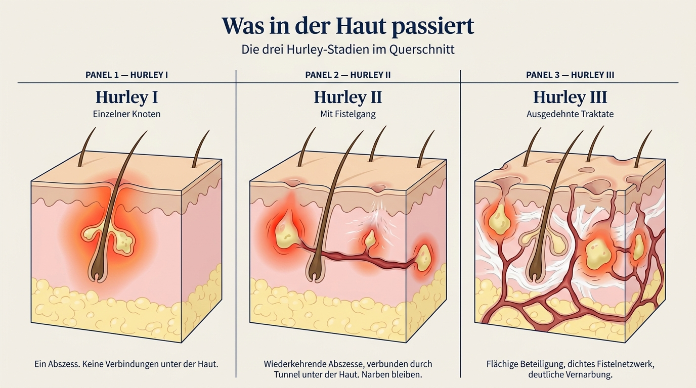 Anatomischer Querschnitt aller drei Hurley-Stadien: Hurley I mit einem einzelnen Abszess, Hurley II mit zwei Abszessen und Fistelgang, Hurley III mit ausgedehntem Fistelnetzwerk und Vernarbung